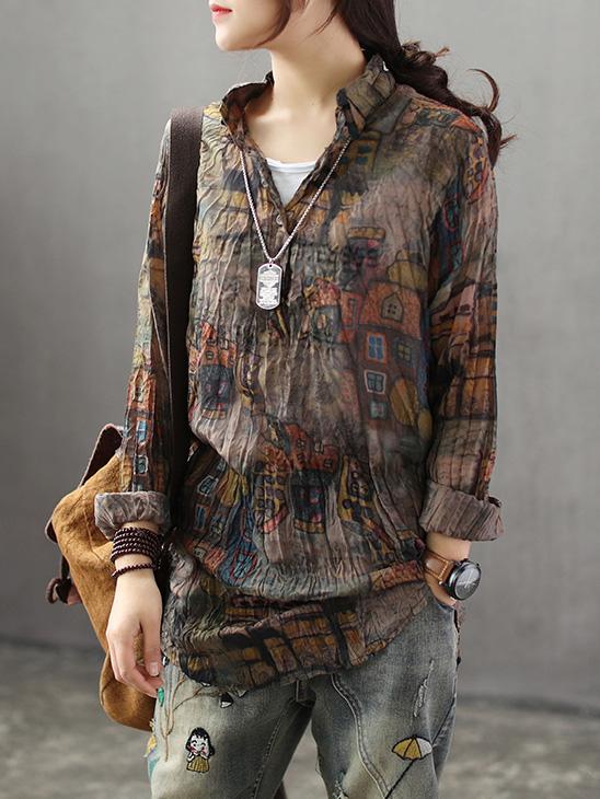 High-low Vintage Loose Printed Blouse Top