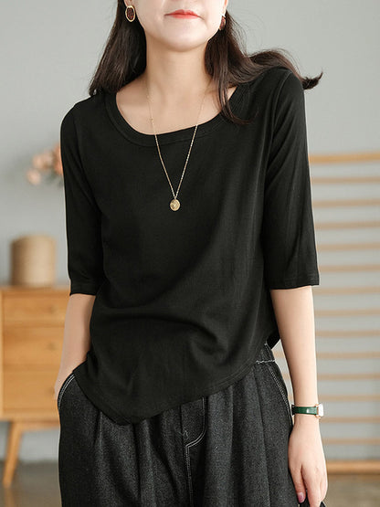 Simple Asymmetric Irregular Clipping Round-Neck Short Sleeves T-Shirt