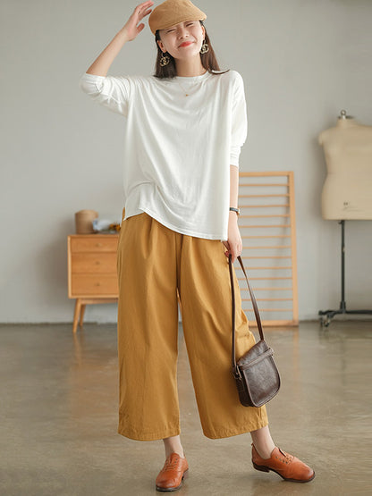 Casual Simple Solid Color Loose Round-Neck Long Sleeves T-Shirt