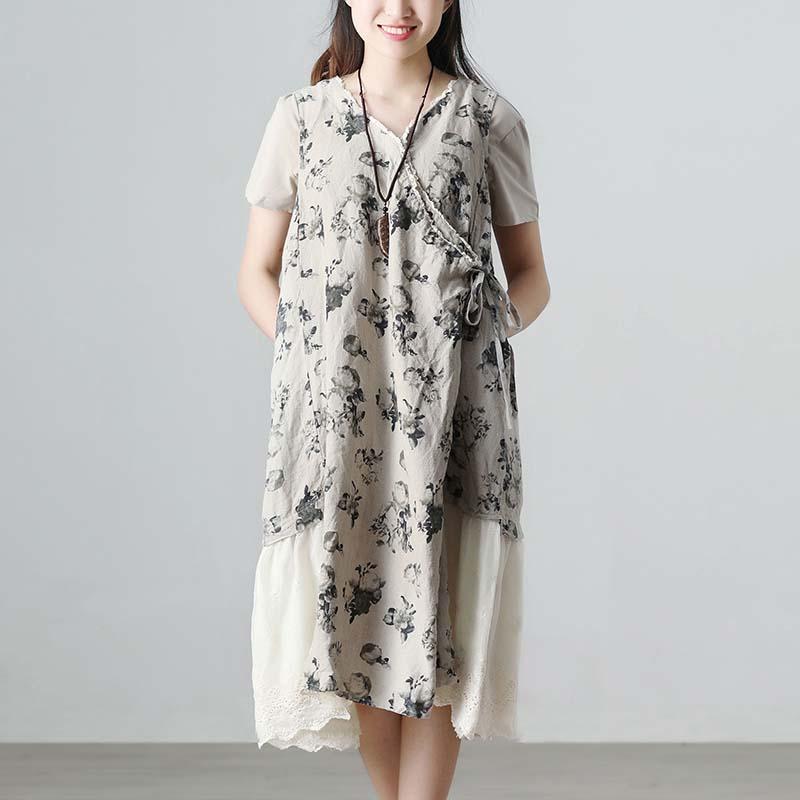 Casual Summer Short Sleeve Floral Beige Long Dresses