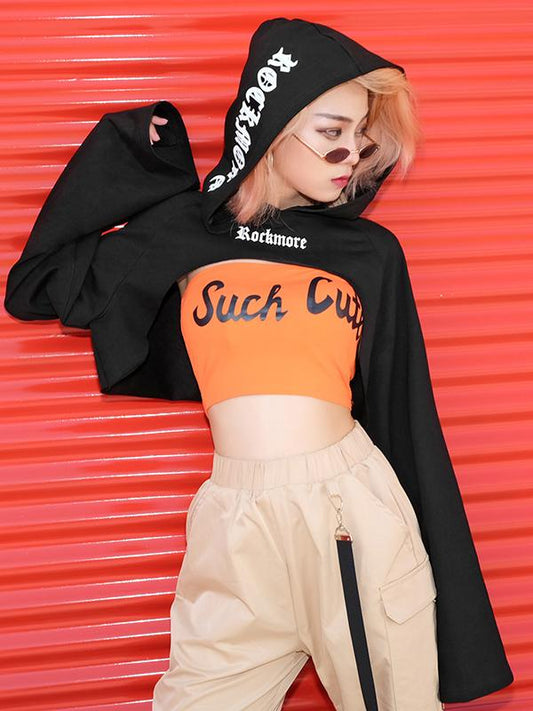 Fashion Letters Printed Flared Sleeves Short Hoodies&Sweatshirt Tops