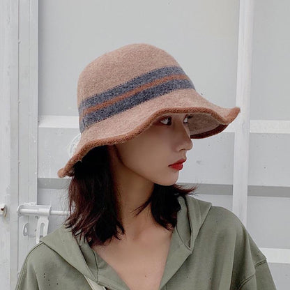 Buykud Colorblock Striped Warm Foldable Bucket Hat