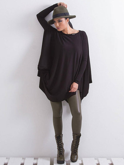 Simple Black Batwing Long Sleeve Loose Asymmetric T-Shirt