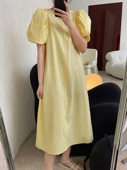 Girlish A-Line Puff Sleeves Round-Neck Midi Dress