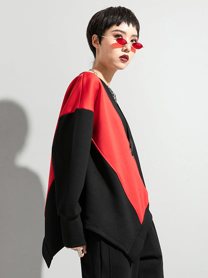 Stylish Black&Red Asymmetric Contrast Color Round-Neck Long Sleeves T-Shirt