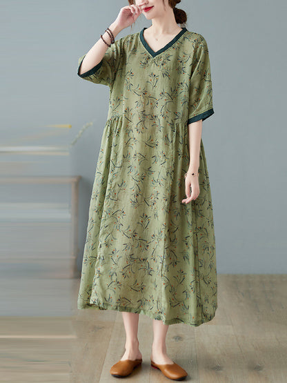 Artistic Retro Contrast Color Floral Printed Midi Dress