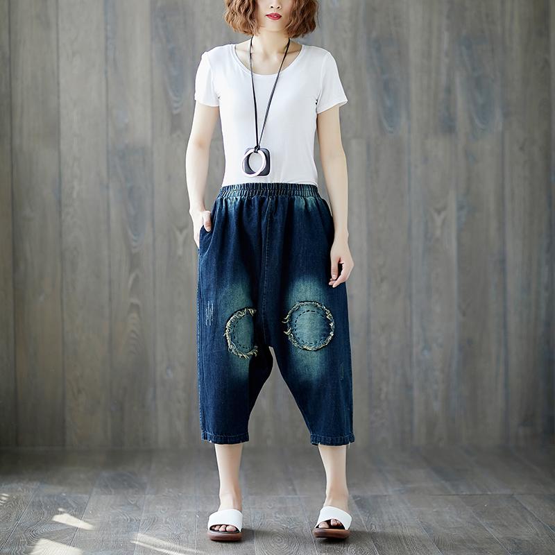 Summer Dark Blue Casual Denim Loose Dropped Crotch Pants