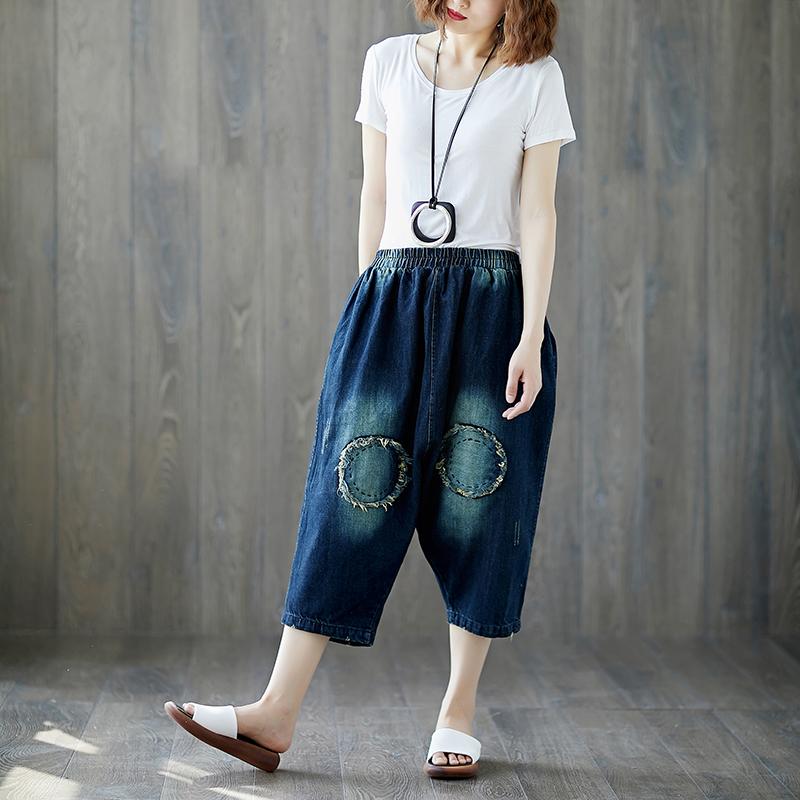 Summer Dark Blue Casual Denim Loose Dropped Crotch Pants