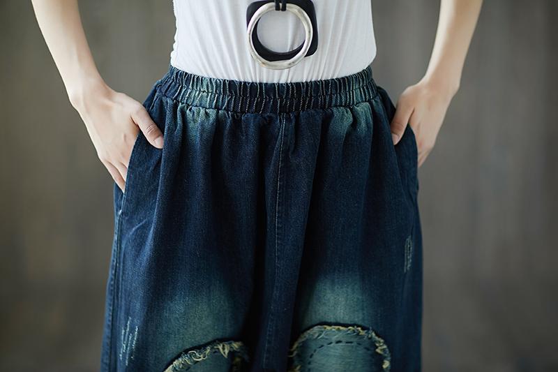 Summer Dark Blue Casual Denim Loose Dropped Crotch Pants