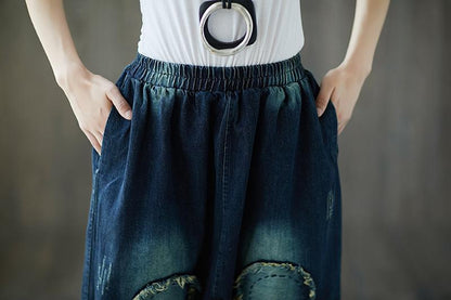 Summer Dark Blue Casual Denim Loose Dropped Crotch Pants