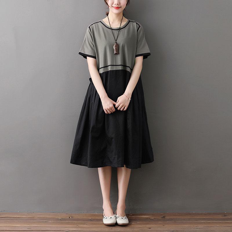 Loose Round Neck Short Sleeve Splicing Dress
