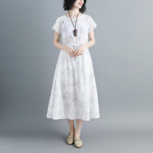 Women Short Sleeve Printed Lacing White Dress