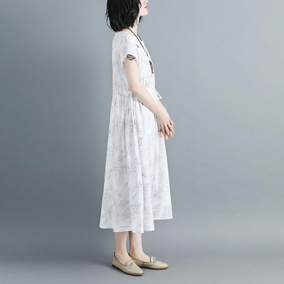 Women Short Sleeve Printed Lacing White Dress