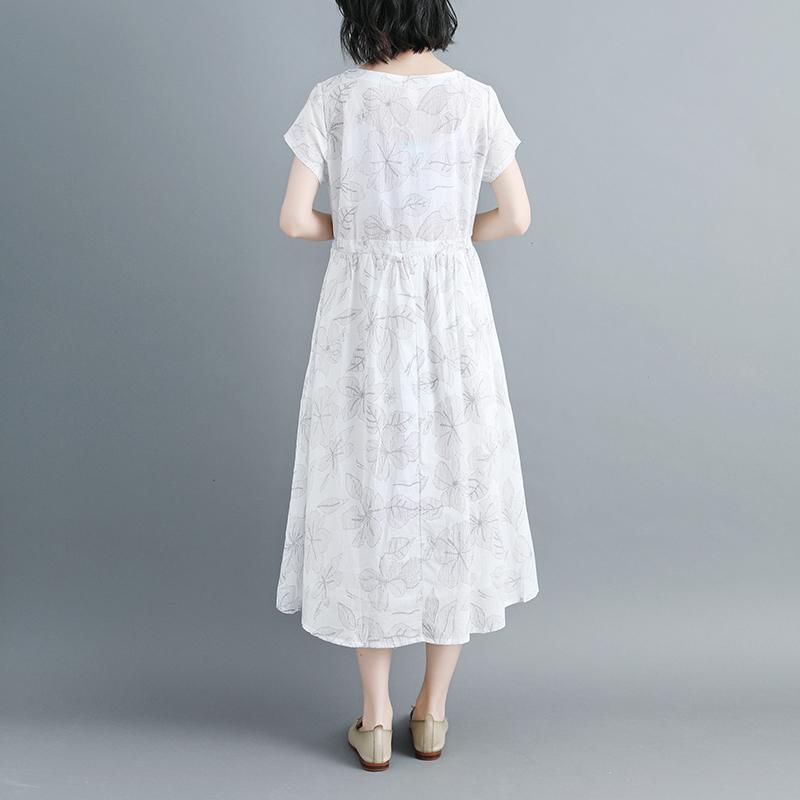 Women Short Sleeve Printed Lacing White Dress