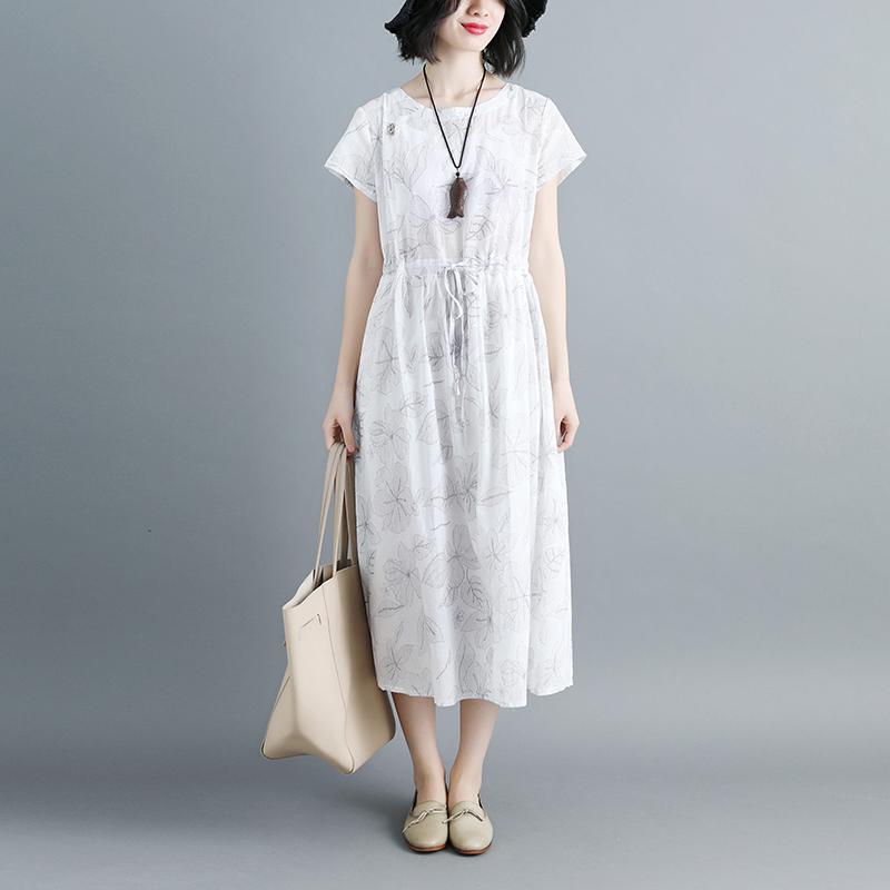 Women Short Sleeve Printed Lacing White Dress