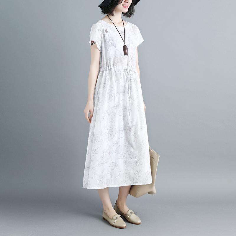 Women Short Sleeve Printed Lacing White Dress