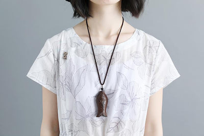 Women Short Sleeve Printed Lacing White Dress