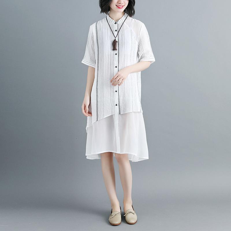 Women Stand Collar Single Breasted Stripe White Dress