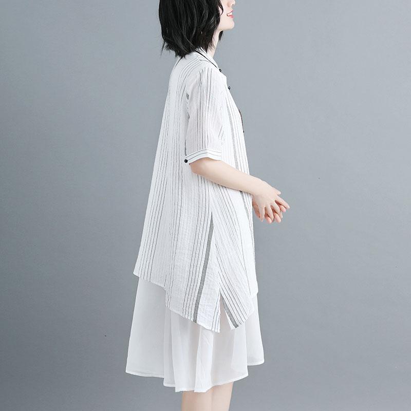 Women Stand Collar Single Breasted Stripe White Dress