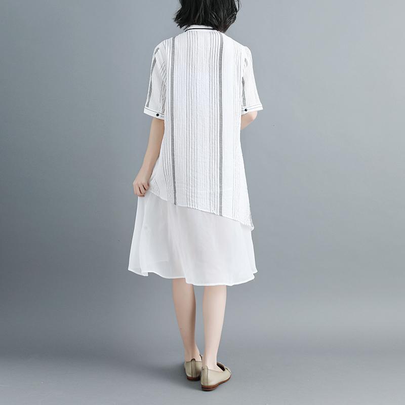 Women Stand Collar Single Breasted Stripe White Dress