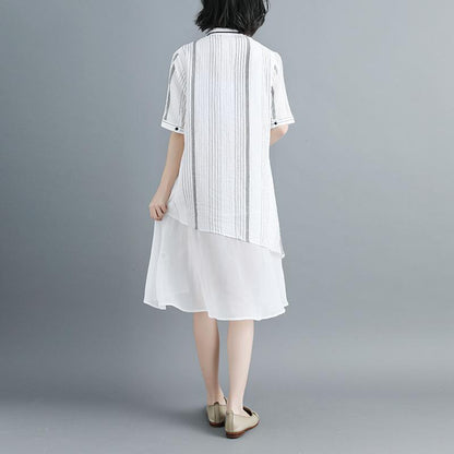 Women Stand Collar Single Breasted Stripe White Dress