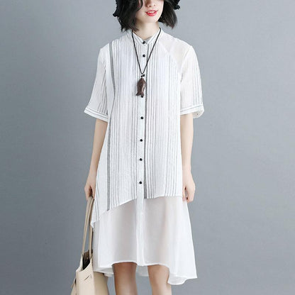 Women Stand Collar Single Breasted Stripe White Dress