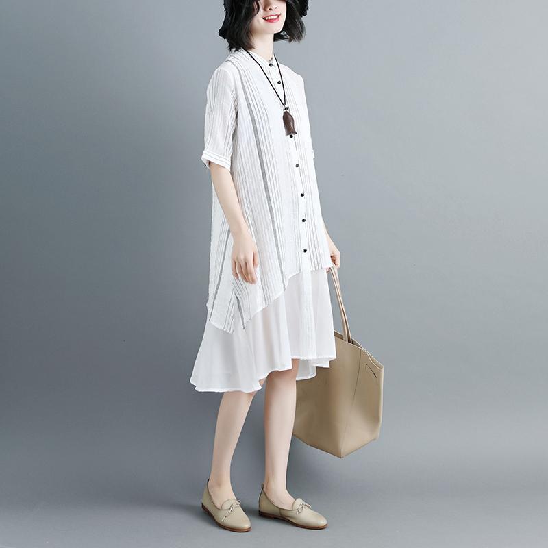 Women Stand Collar Single Breasted Stripe White Dress