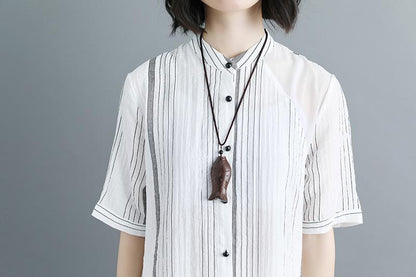 Women Stand Collar Single Breasted Stripe White Dress