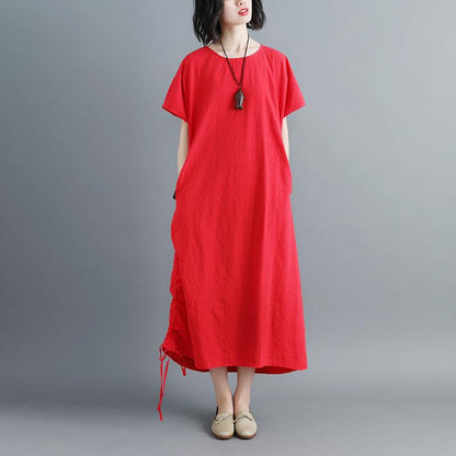 Women Summer Red Lacing Hem Short Sleeve Dress