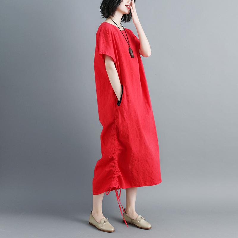 Women Summer Red Lacing Hem Short Sleeve Dress