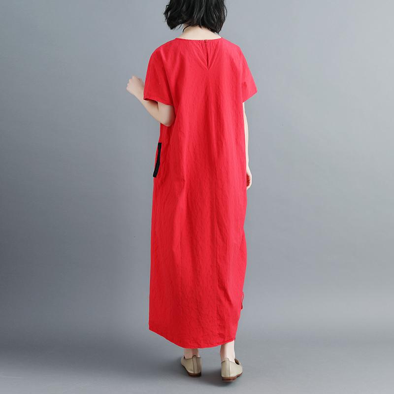 Women Summer Red Lacing Hem Short Sleeve Dress