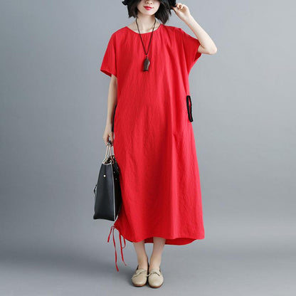 Women Summer Red Lacing Hem Short Sleeve Dress