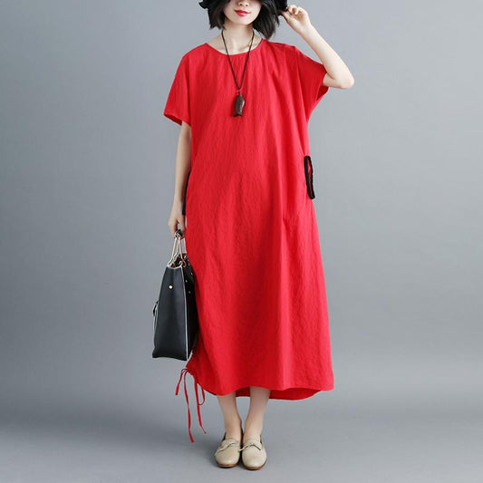 Women Summer Red Lacing Hem Short Sleeve Dress