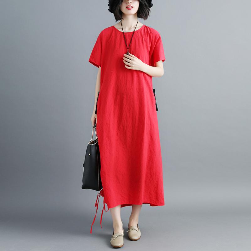Women Summer Red Lacing Hem Short Sleeve Dress