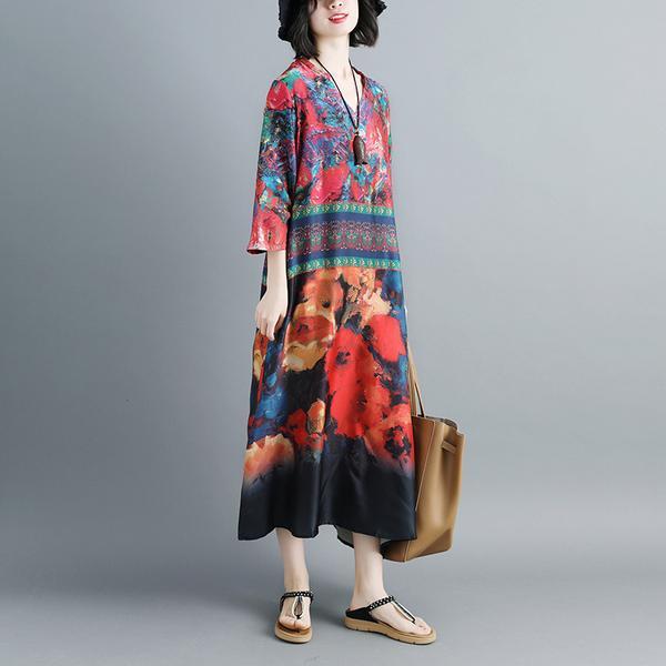 Women Summer V Neck Printed 1/2 Sleeve Dress