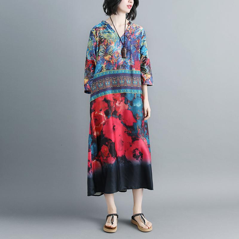 Women Summer V Neck Printed 1/2 Sleeve Dress