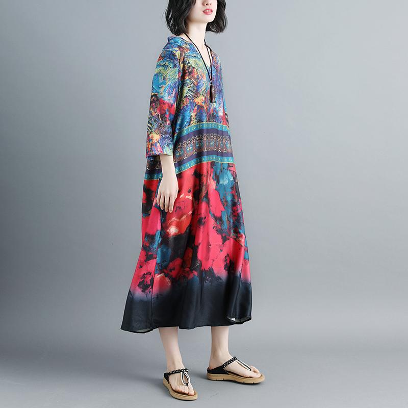 Women Summer V Neck Printed 1/2 Sleeve Dress