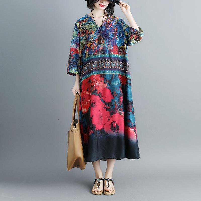 Women Summer V Neck Printed 1/2 Sleeve Dress