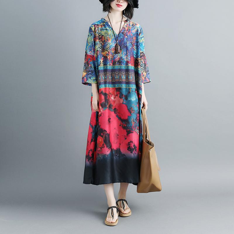 Women Summer V Neck Printed 1/2 Sleeve Dress