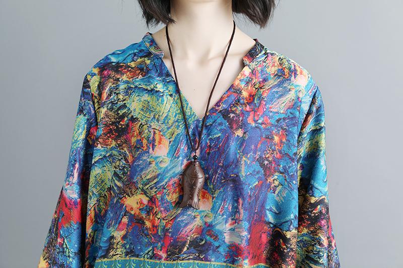 Women Summer V Neck Printed 1/2 Sleeve Dress