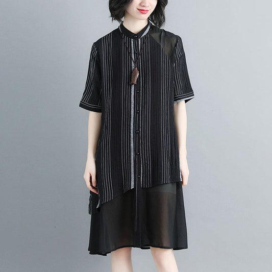 Women Stand Collar Single Breasted Stripe Black Dress