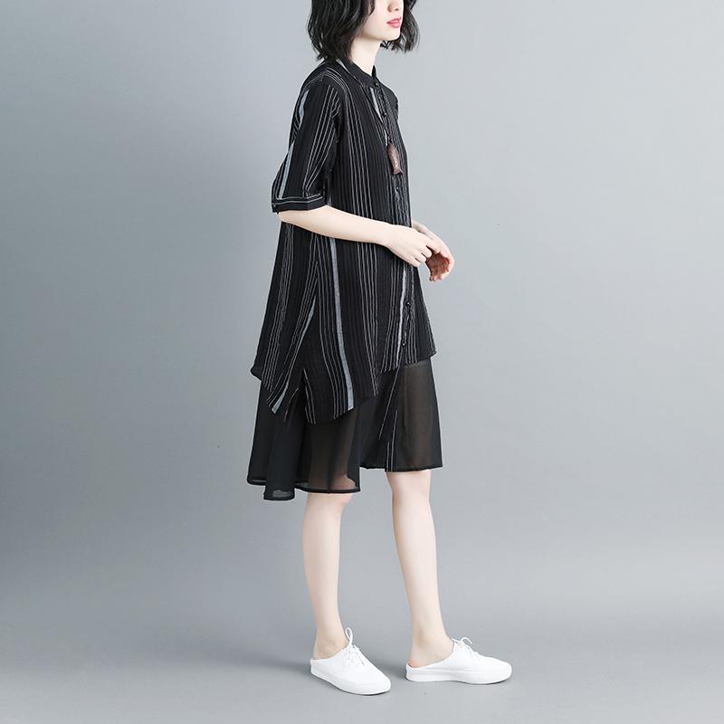 Women Stand Collar Single Breasted Stripe Black Dress