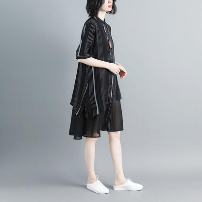 Women Stand Collar Single Breasted Stripe Black Dress