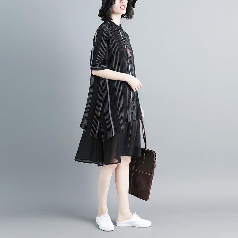 Women Stand Collar Single Breasted Stripe Black Dress