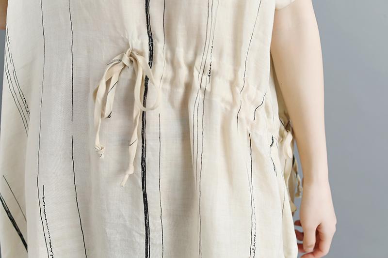 Women Short Sleeve Stripe White Drawstring Dress