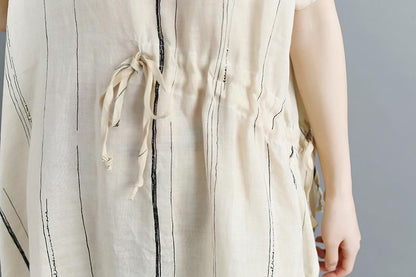 Women Short Sleeve Stripe White Drawstring Dress