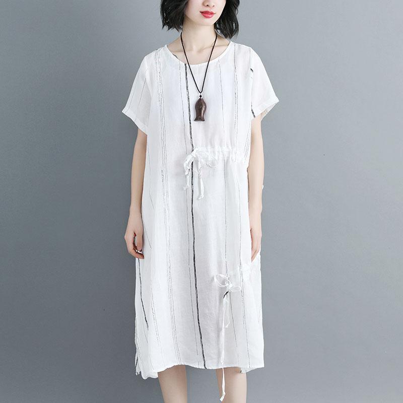 Women Short Sleeve Stripe White Drawstring Dress