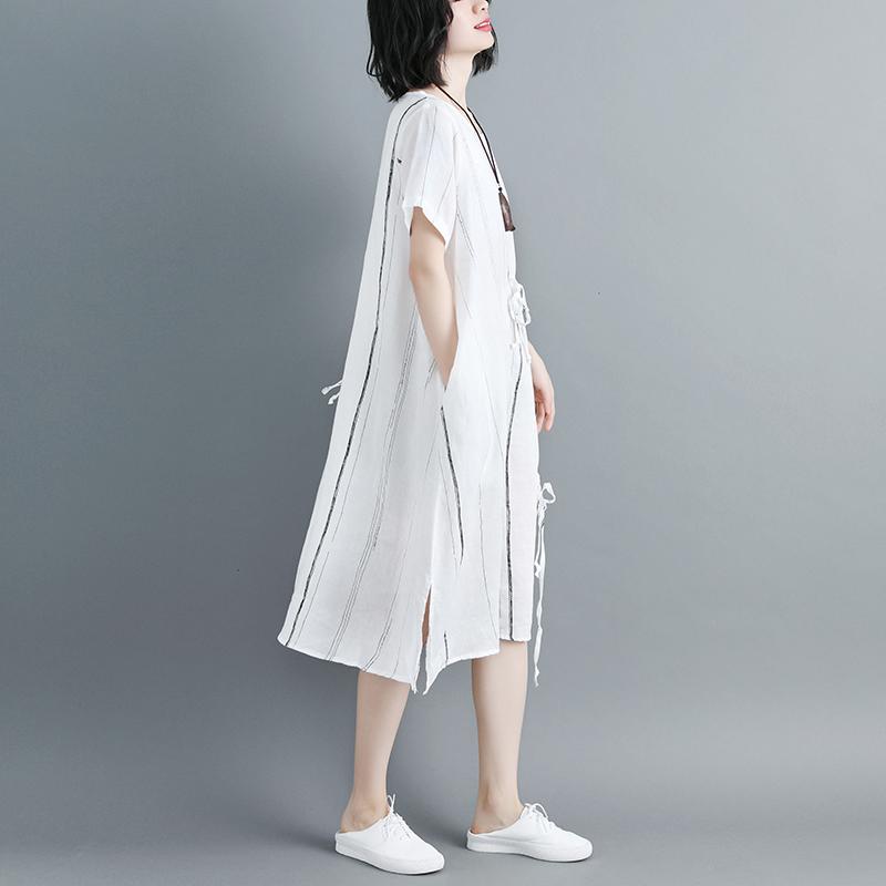 Women Short Sleeve Stripe White Drawstring Dress