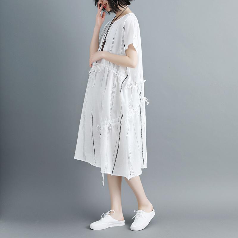 Women Short Sleeve Stripe White Drawstring Dress