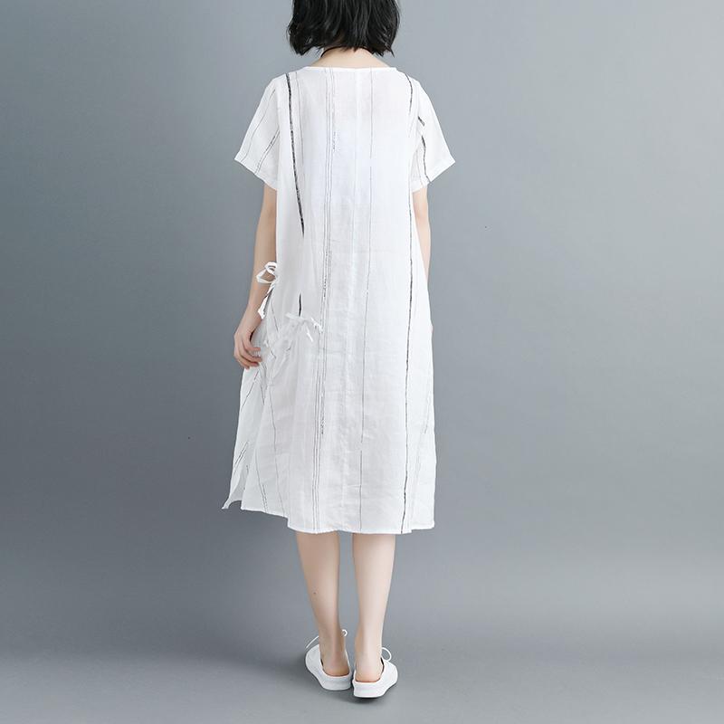 Women Short Sleeve Stripe White Drawstring Dress